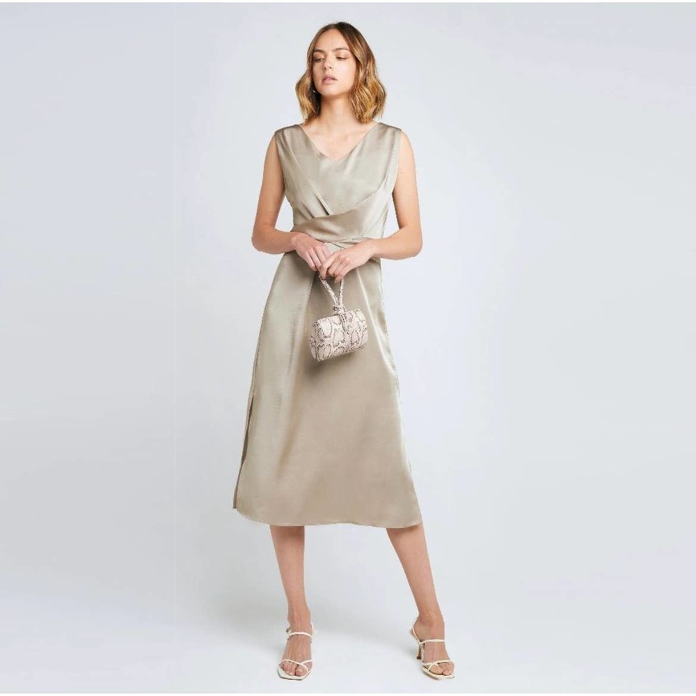 Caara Reeba Satin Side Slit V Neck Sleeveless Midi Dress Size Medium Brand New